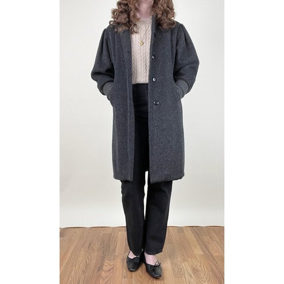 Vintage 80s Parisian Wool Peacoat Jacket Puff Sleeve Long Cuffs French Pea Coat - Picture 3 of 10
